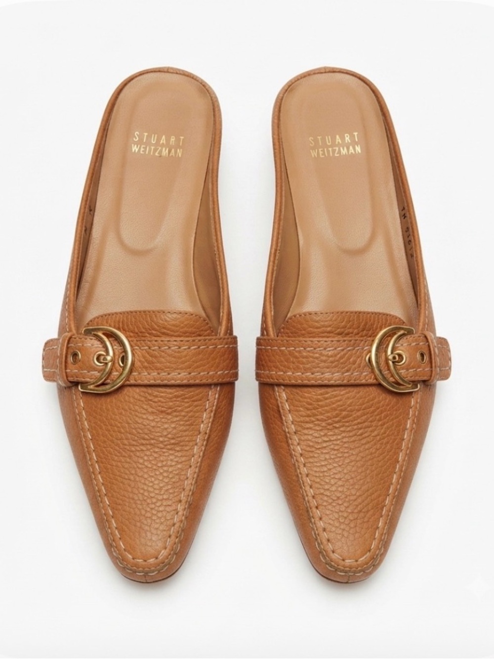 Stuart Weitzman Tan Leather Buckle Kitten Heel Slide Mules Size 9